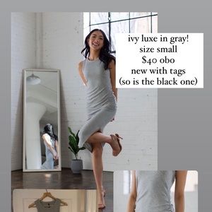 womens gray dress- form fitting midi dress. Savvi